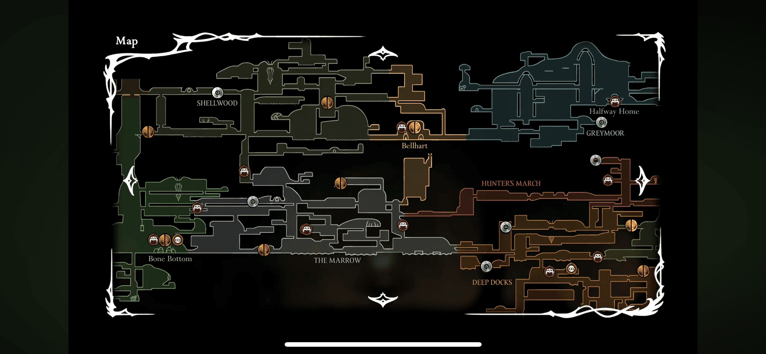 Hollow Knight Silksong Interactive Map showing Greymoor, Moss Grotto, Coral Forest and all major areas with boss locations